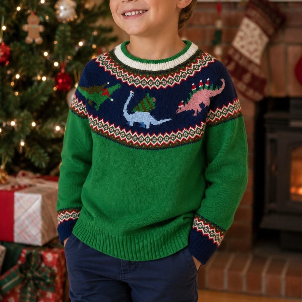 Mini Boden Boys Christmas Sweater 5-6 Dinosaur Fair Isle Wool Blend Green NWT
